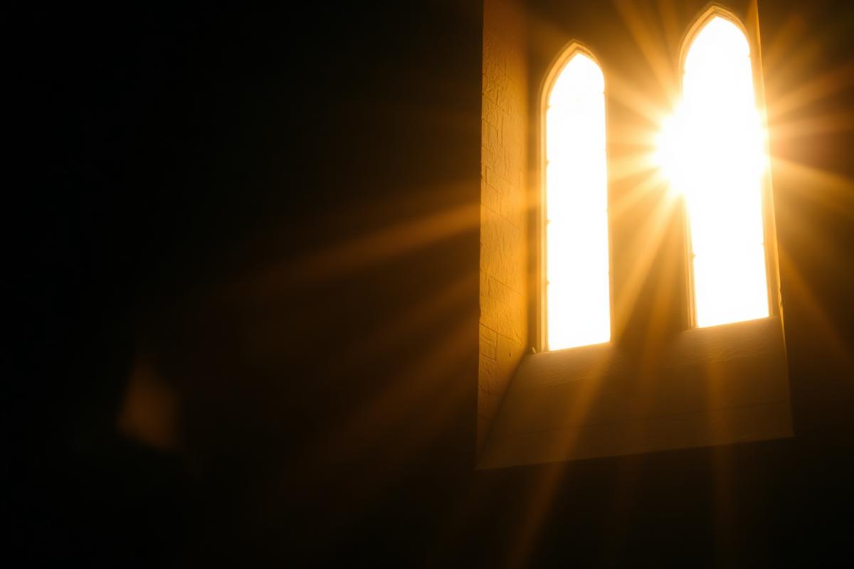 Golden sunlight streaming through a tall chapel window